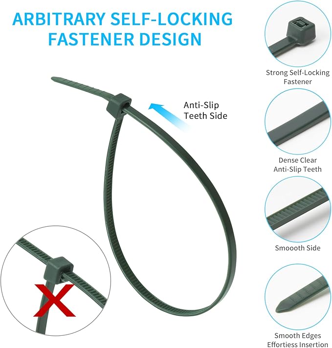 Garden Green Cable Zip Ties Heavy Duty Assorted Sizes, 1000 PCS Self-Locking 4+6+8+10+12 Inch 50LBS Nylon Cable Ties, Perfect for Home, Office, Garden and Workshop