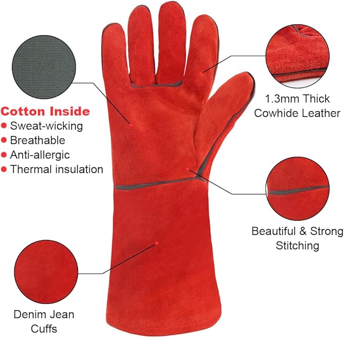 AUAUY Heat & Fire Resistant Gloves Leather BBQ Gloves Wear Resistant Heavy-Duty Welding Gloves for Grinding,Baking,Gardening