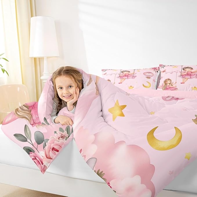 Erosebridal Pink Fairy King Comforter Set for Girls - Butterfly & Floral Bedding Set for Kids Teen, Moon and Stars Flower Quilt | Cute Fairies Bedroom Decor with 2 Pillowcases