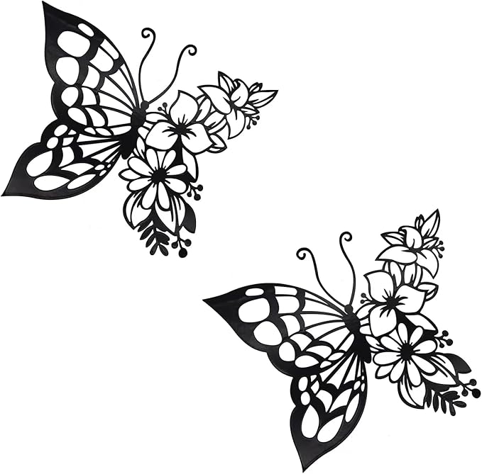 EZ4ENCE 2pcs Butterfly Decoration Boho Wall Art Hanging Appearance Metal Hanging Butterfly Decor Flower Wall Art for Bedroom Living Room Home, Black (Medium)
