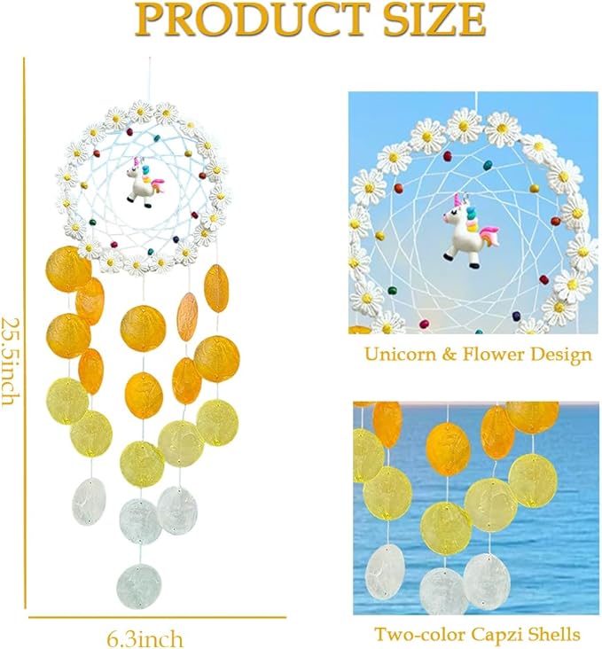 Chic Capiz Shell Wind Chime, Handmade Beach Wind Chimes for Outside, House Decoration for Courtyard, Window, Porch, Unique Gifts for Women (Yellow)