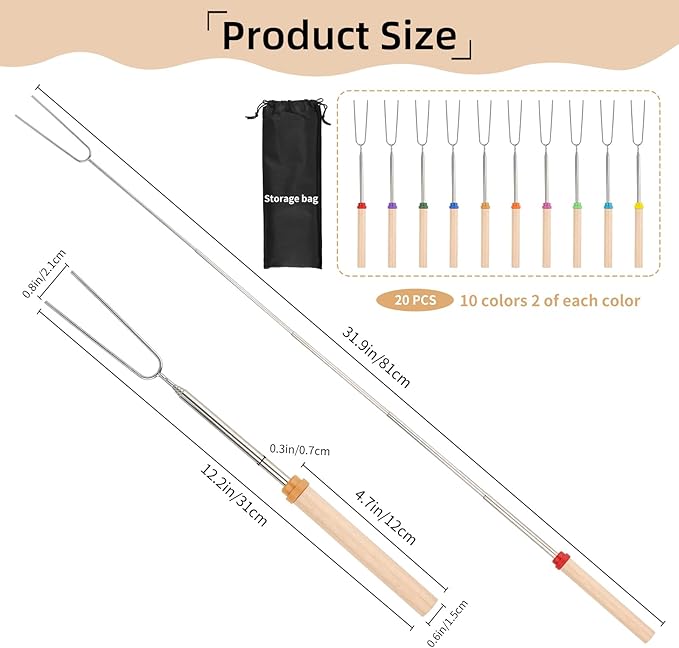 20 PCS Stainless Steel Marshmallow Roasting Long Sticks, 31 Inch Smores Sticks for Fire Pit, Portable Extendable Hot Dog Fork BBQ Tools, Smores Skewers for Camping, Bonfire Grill