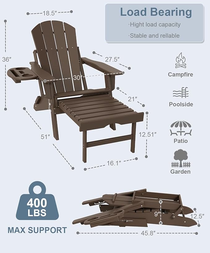 Adjustable Adirondack Chair with Retractable Ottoman Set of 8, HDPE Folding Adirondack Chair with Cup Holder, All Weather Fire Pit Chair for Outdoor.