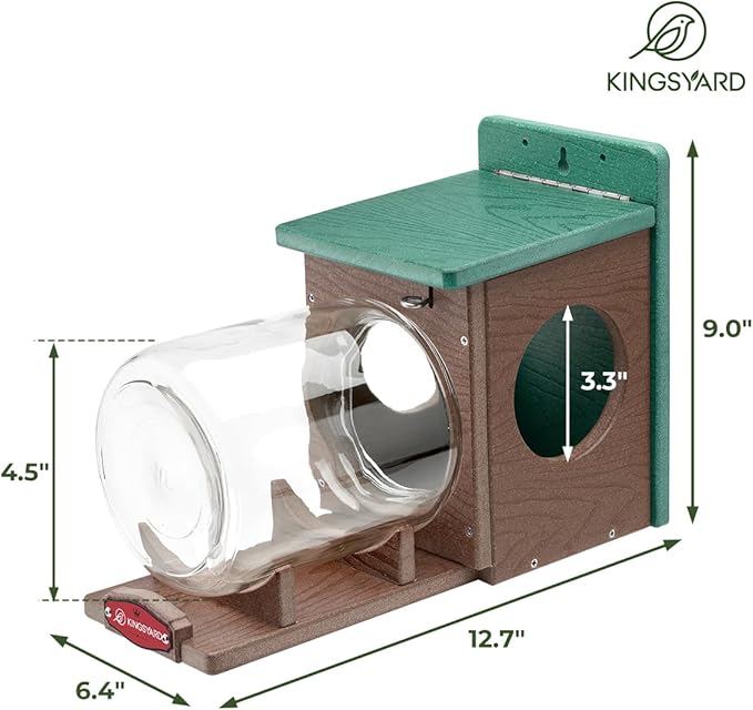 Kingsyard Recycled Plastic Squirrel Feeder for Outside, Squirrel Feeder Box with Peanuts Corn Storage Jar, Sturdy & Durable, Weatherproof (Green & Brown)