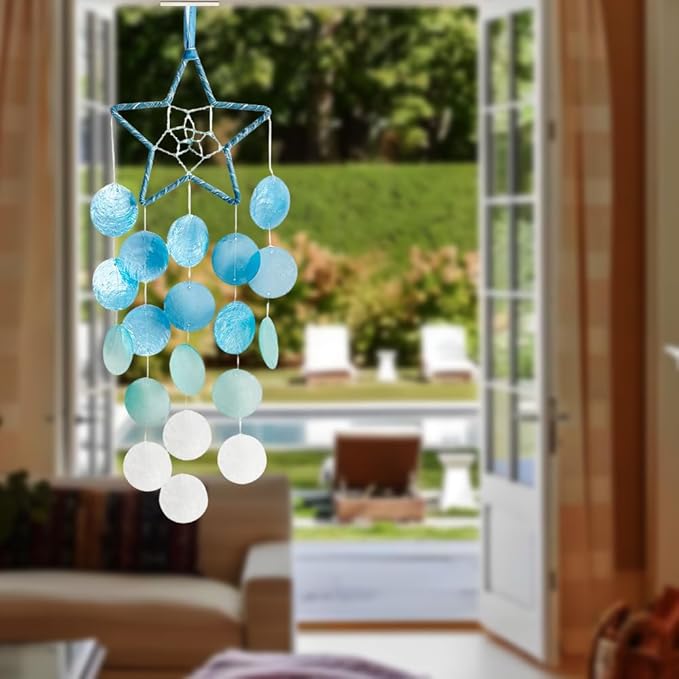 Hanging Wind Chimes for Outside Decoration,Balcony Garden Decor of Star Shaped Capiz Shell Wind Chime,Coastal Style Decor for Indoor/Outdoors,Great Gift for Women (Pink)
