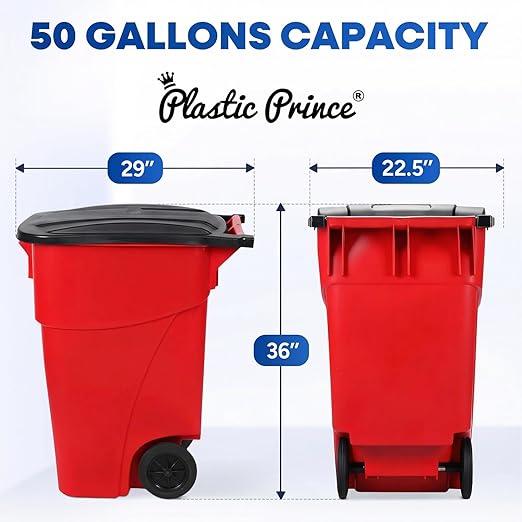50 Gallon Trash Can, Red Outdoor Garbage Can, Wheeled Outside Trash Bin, Outdoor with Lid and Wheels, Large Rolling Trash Can, Garbage Can with Wheels for Home, Office, Garage