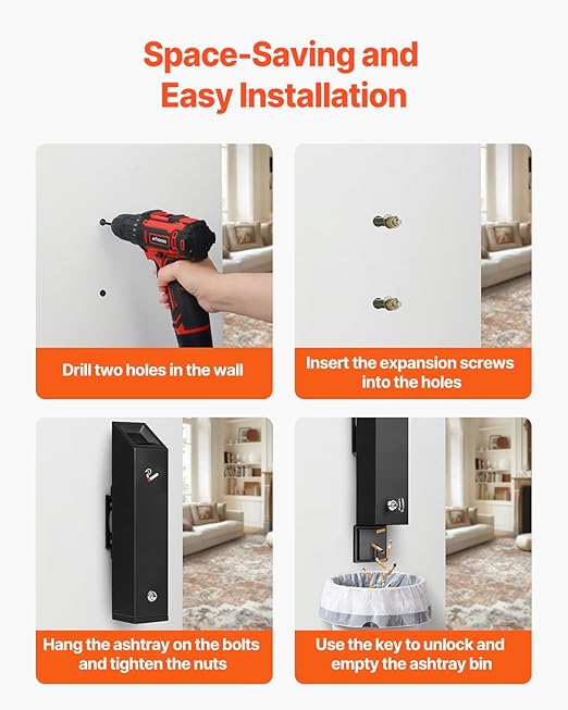 VEVOR Stainless Steel Outdoor Trash Can, Wall Mounted Weatherproof Lockable Cuboid Trash Container, Butt Receptacle for Garden, Office, Restaurant, Hotel, Bar, Black