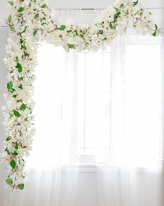 Briful 6ft White Bougainvillea Flower Garland – Artificial Silk Floral Vine with Built-in Hook Faux Flower Garland for Backdrop Table Wall Wedding Party Home Decoration