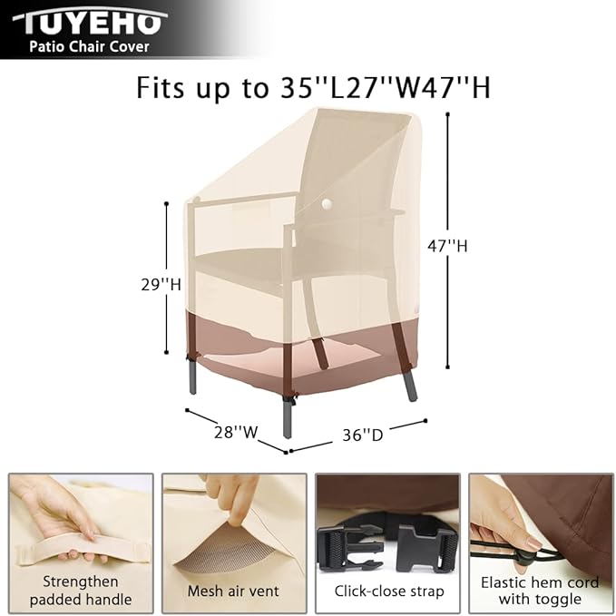 Tuyeho Patio Stackable Chair Cover 36 x 28 x 47 inch, 900D Heavy Duty Outdoor High Back Cover, Waterproof & Weather Resistant for Your Stackable Dining Chair (Beige & Brown)