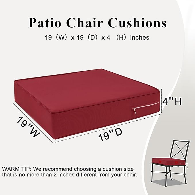 Outdoor Chair Cushions Set of 2 for Patio Furniture 18.5x16x3 Inch Waterproof Patio Chair Cushion 3 Year Color Fastness Rectangle Elastic Foam Garden Couch Pads with Ties and Handle,Red
