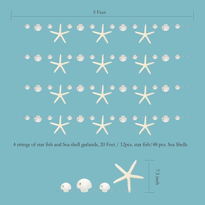 Decor365 White Finger Starfish Sea Shell Garland Ocean Coastal Nautical Party Decoration Starfish Cutouts Hanging Bunting Banner Under The Sea Mermaid Wish Birthday Beach Wedding Decor