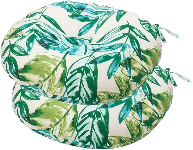 Bistro Chair Cushions 15 inch,Set of 2,Tufted Tropical Round Chair Cushions with Ties,15"x15"x4",Water Resistant Round Seat Cushion for Barstool,Patio Garden Kitchen Outdoor Furniture(Palm Leaf)