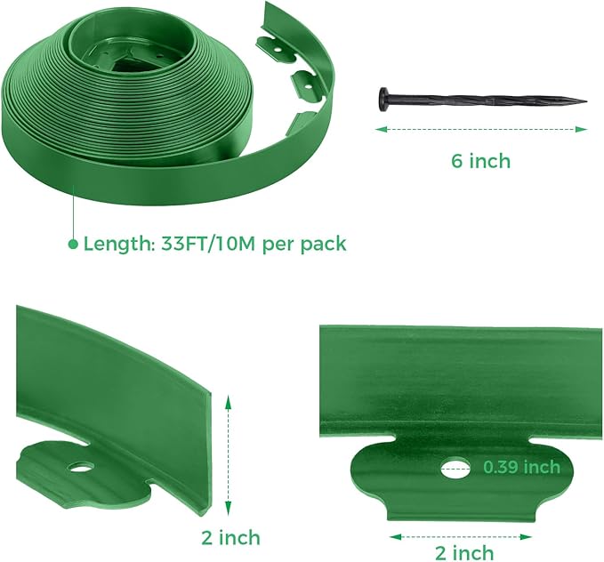 2-Inch x 66 FT Landscape Edging Border with 100 Spikes, Garden Edging Lawn Edging Border Kit, Plastic Edging Border Flexible for Garden Flower Beds Lawn Yard Pathway (Green)