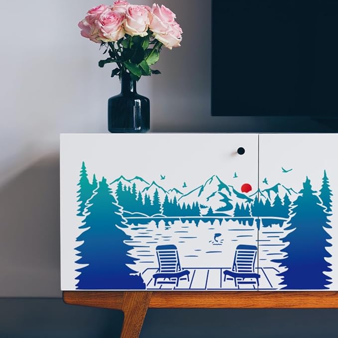 MAYJOYDIY 2pcs Landscape Lake Sunset Stencil 22.3×11inch Splicing Style Forest Lake Mountain Fishing Stencil with Paint Brush Large Natural Scenery 11.8×11.8inch Template for Art Crafts Furniture