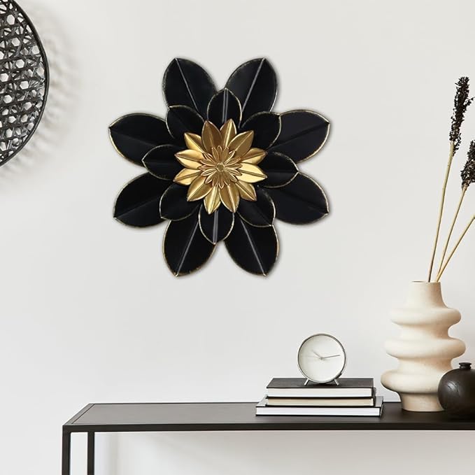hogardeck Metal Flower Wall Decor, 16" Black & Gold Floral Metal Wall Art for Indoor Outdoor, Boho Modern Wall Decor for Bathroom, Living Room, Kitchen, Bedroom, Porch, Garden, Yard