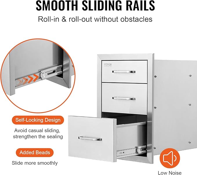 VEVOR 18x23 Inch Outdoor Kitchen Cabinets 18W x 20.5H x 23D Inch, BBQ Drawers Stainless Steel, Outdoor Kitchen Drawers Triple Access with Chrome Handle, BBQ Island Drawers, Grill Drawers Storage