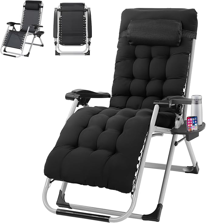 Bonnlo Padded Zero Gravity Chair, Lounge Chair Recliner Chair with Removable Cushion & Tray， Folding Reclining Patio Chairs， Recliner Chair for Lawn，Ptio Indoor and Outdoor