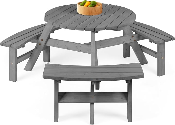 Best Choice Products 6-Person Circular Outdoor Wooden Picnic Table for Patio, Backyard, Garden, DIY w/ 3 Built-in Benches, 500lb Capacity - Gray