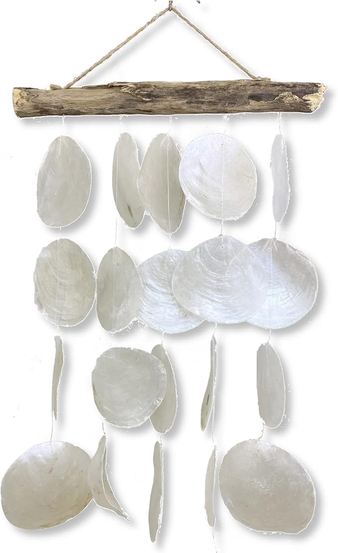 Capiz Wind Chime for Outside – Jumbo Rustic White Shell and Driftwood Windchime Outdoor Garden Patio Décor Gift 18” Long