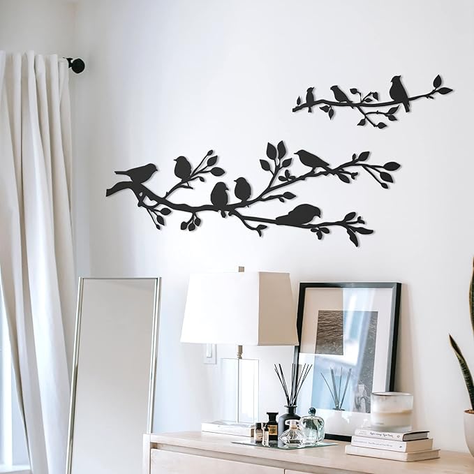 ULENDIS 3Pcs Large Metal Birds Wall Art, Bird on Branch Metal Birds Wall Decor Leaves with Bird Silhouette Sculpture, Ornament Branch Wall Hanging Sign for Balcony Garden Indoor Outdoor Decor