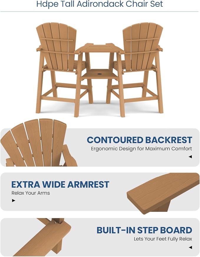 Ciokea Tall Adirondack Chairs Set of 2, HDPE Outdoor High Back Adirondack Chair with Double Connecting Tray, Weather Resistant Balcony Chairs for Deck, Lawn, Pool, Backyard, Teak