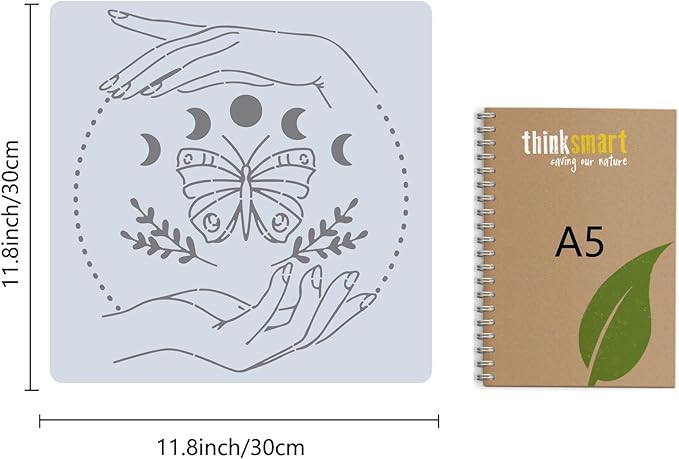 GORGECRAFT 12"X12"Moon Phase Stencil Butterfly Templates Square Plastic Leaves Drawing Templates Lifting Hands Ring Star Templates Witch Magical Decoration Stencil for Painting on Wood Wall Shirt