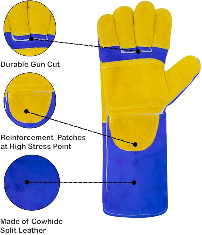 Welding/BBQ Leather Gloves 16 Inches,932℉, Stick Welding Gloves Heat/Fire Resistant, Mitts for Oven/Grill/Fireplace/Furnace/Stove/BBQ/16 inches Extra Long Sleeve (16 Inches, Blue-Yellow)