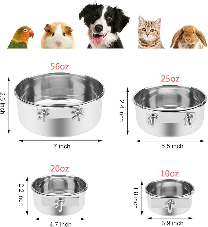 Wontee Pet Food Water Bowl with Clamp Holder Stainless Steel Feeding Cups Feeder for Dog Bird Parrot Cat Rabbit, 2 Packs (XL)
