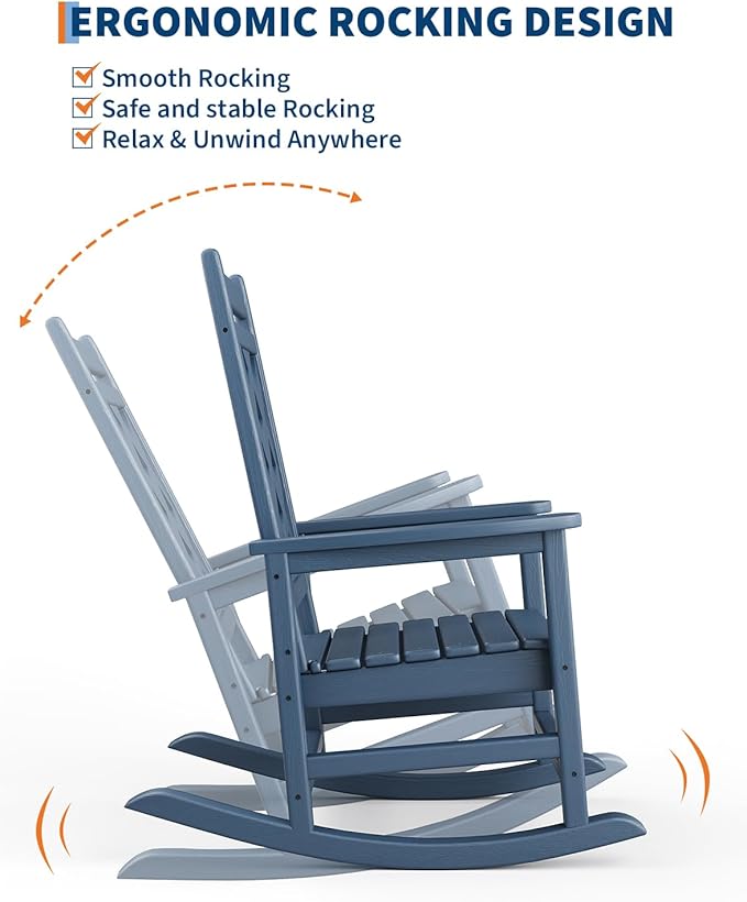 GarveeLife Outdoor Rocking Chair, HDPE Weather Resistant Patio Rocking Chair Porch Rocker with Wood Texture & 380 LBS Support for Deck, Pool, Backyard, Navy Blue