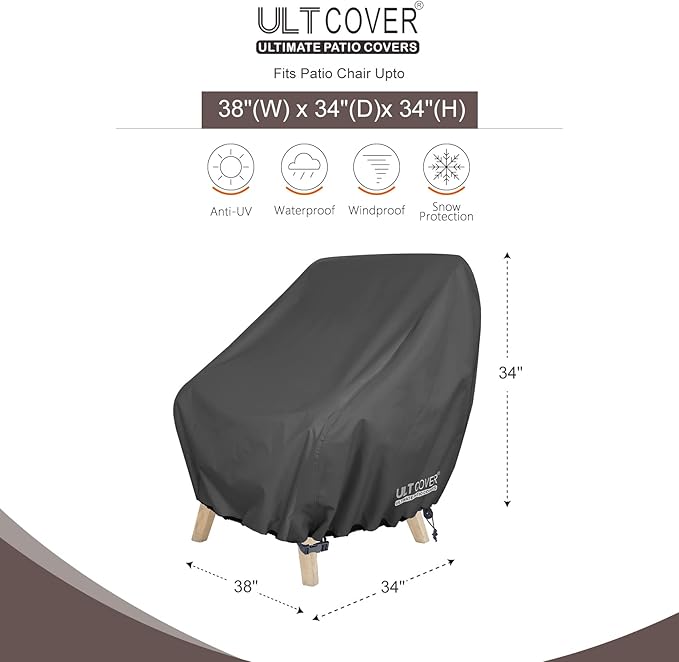 ULTCOVER Waterproof Patio Chair Cover – Outdoor Lounge Deep Seat Single Lawn Chair Cover Fits Up to 38W x 34D x 34H inches, Black