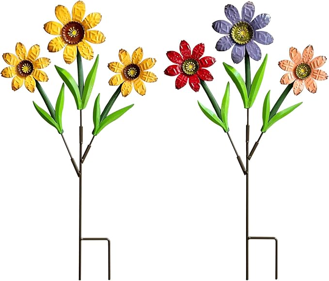 Metal Flowers for Outside,2 Pack Large Colorful Decorative Garden Stakes Yard Art,Spring Garden Decor for Lawn, Pathway & Garden(21.9 * 12IN)