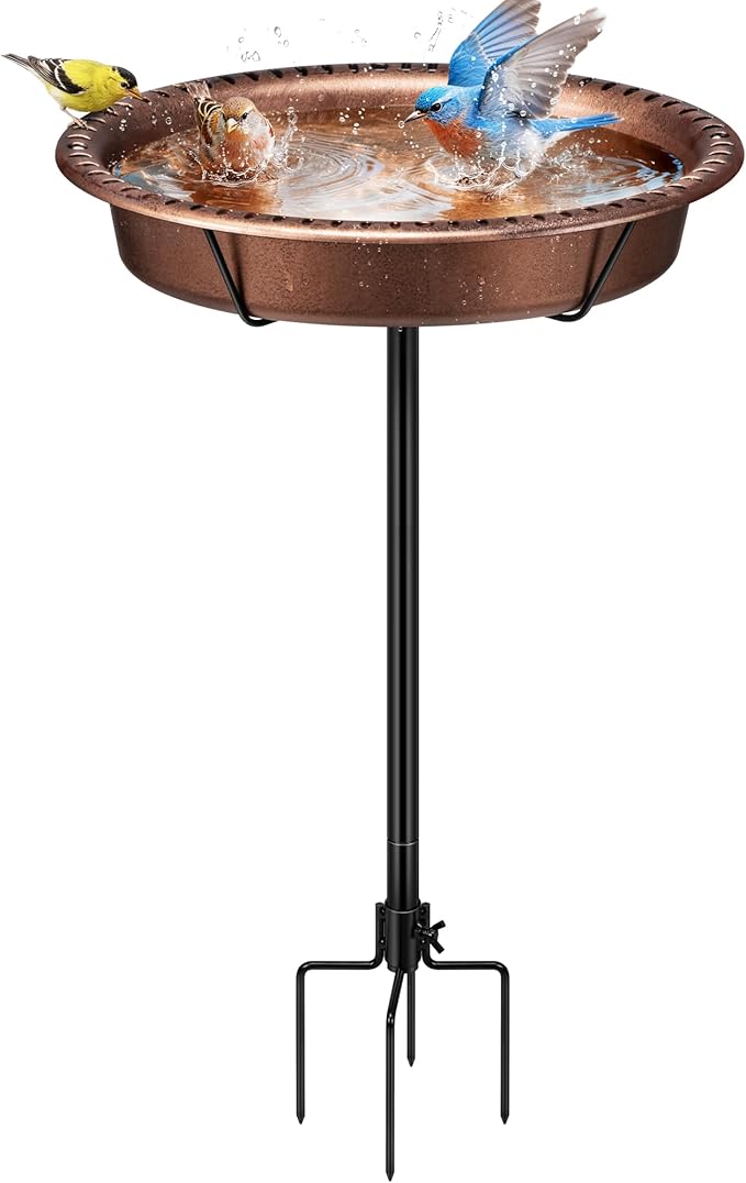 VIVOHOME Oval Bird Bath for Outside, Outdoor Birdbath Bowl with Metal Ground Stake, Weather-Resistant ABS Bird Bath and Feeder for Garden, 1.3 Gallons, Bronze