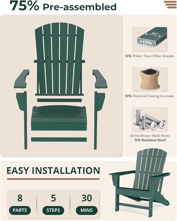 BRIOPAWS Adirondack-Chairs-Set of 4 | Fire Pit Chair | Oversized | HDPE Plastic | Weather Resistant | for Deck Outdoor Poolside Campfire | Forest