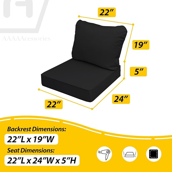 AAAAAcessories Outdoor Seat Cushions for Chairs, Fade-Resistant, Waterproof Patio Furniture Replacement Cushions, 22" x 24" x 5" + 22" x 19", Charcoal Black