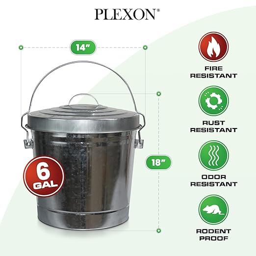 Plexon 6 Gallon Small Metal Trash Can with Lid Outdoor Locking Galvanized Metal Garbage Can with Lid for Poultry Feed Bird Seed Storage Ash Galvanized Bucket