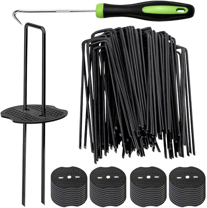 Bakulyor 150pcs Black Landscape Staples + 150pcs Buffer Washer, 6 Inch 11 Gauge Garden Stakes Staples, U Shaped Galvanized Lawn Pins Heavy Duty Yard Ground Pin for Weed Barrier Sod Fabric Decorations