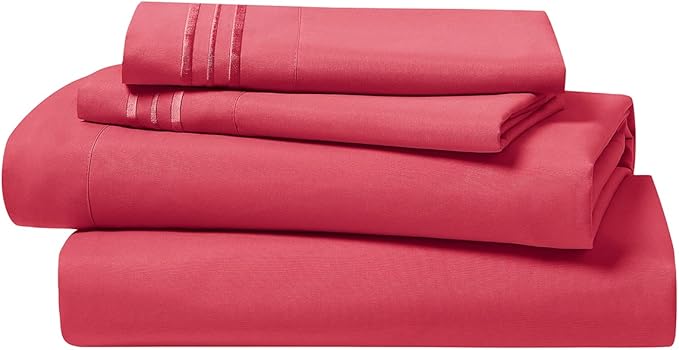 Clara Clark Bed Sheets, Premier 1800 Series 4 Piece Bed Sheet Set, Deep Pocket, Wrinkle, Fade, Stain Resistant, Luxury Soft Bedding Sheets & Pillowcases, Full, Coral Pink