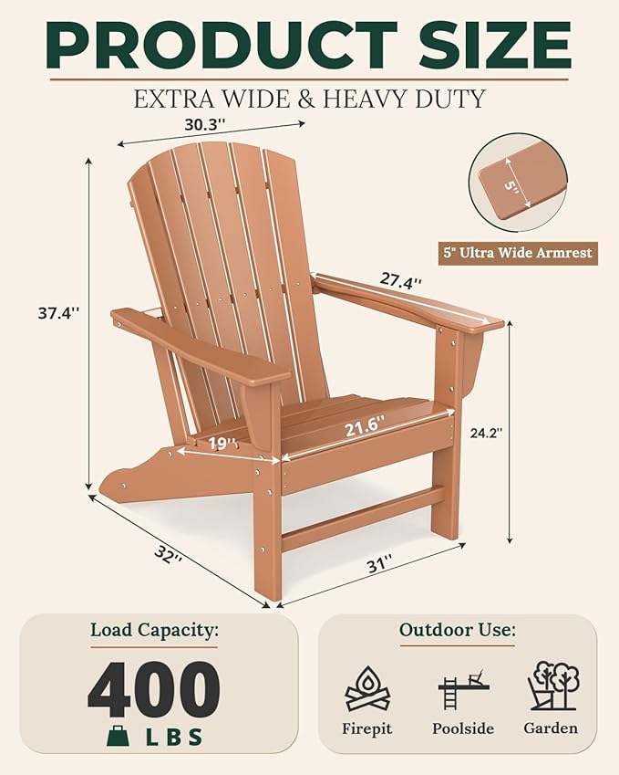 BRIOPAWS Adirondack-Chairs-Set of 2 | Fire Pit Chair | Oversized | HDPE Plastic | Weather Resistant | for Deck Outdoor Poolside Campfire | Teak