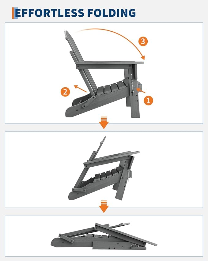 GarveeLife Folding Adirondack Chairs Set of 6, HDPE Plastic Outdoor Chairs with Wood Texture - 380 LBS & Weather Resistant for Fire Pit, Deck, Patio, Pool, Backyard - Gray