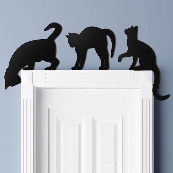 Jetec 3-Piece Black Wooden Cat Silhouette Hanging Signs for Halloween, Scary Family Home Party Door Decorations