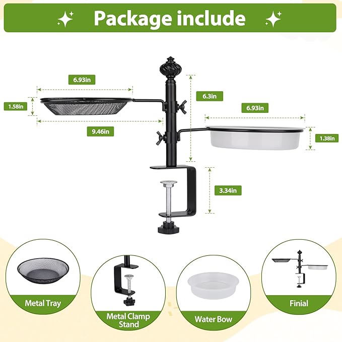 Deck Bird Feeders with Metal Tray and Water Bowl, BOLITE Balcony Bird Feeders Detachable Adjustable Heavy Duty Clamp Bracket, Attracting Birds, Black, Gifts for Women Men