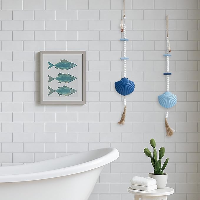 JQAQJU Wooden Driftwood Wall Decor, Bathroom Decor with Sea Shells, Driftwood Beach Room Decor for Home Indoor Outdoor, Coastal Wall Art for Living Room, Bedroom and Dining Room Blue