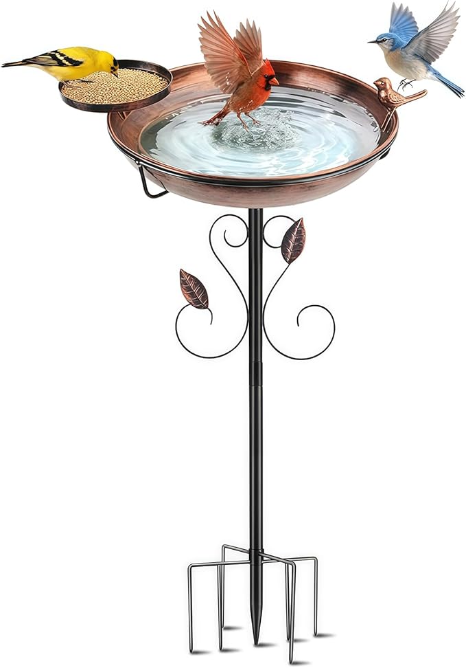 35" Tall Metal Bird Bath for Outdoors with Small Bird Feeder Bowl, 2" Deep 12" Dia Removable Bird Baths for Easy to Clean and Refill, Upgraded 7-Prong Base for Garden, Yard & Lawn (Copper)