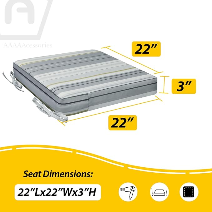 AAAAAcessories Outdoor Seat Cushions for Chairs, Waterproof, Fade-Resistant, 22" x 22" x 3", Patio Furniture Replacement Cushions, Set of 2, Ash Blue Harbor Stripe