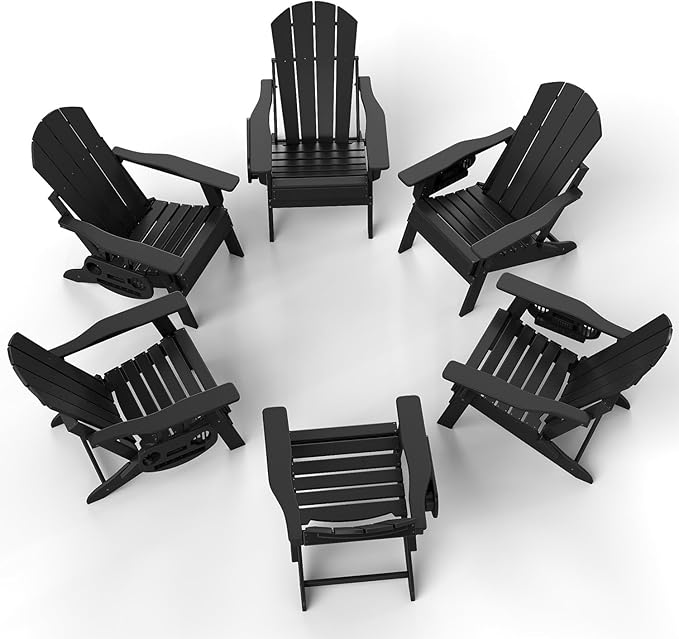 Adjustable Adirondack Chair Set of 6 with Cup Holder, All Weather HDPE Fire Pit Chairs for Deck, Backyard, Patio, Black