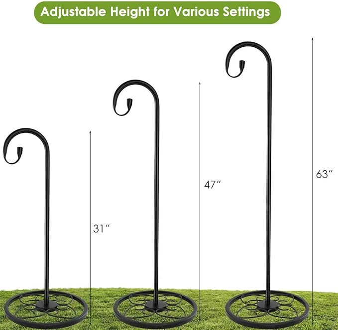 63" Adjustable Shepherd Hook Stand with Round Base Stand for Wind Chime, Bird Feeder, Lantern for Indoor & Outdoor Garden Patio Home Decor.