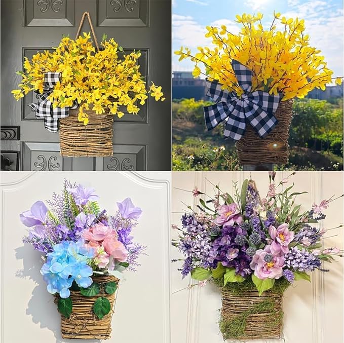 Cream Hydrangea Door Hanger Basket Wreath, Wildflowers Door Hanging Basket, Front Door Beautiful Artificial Spring and Summer Wreath Welcome Sign, Home Porch Farmhouse Decor (D)