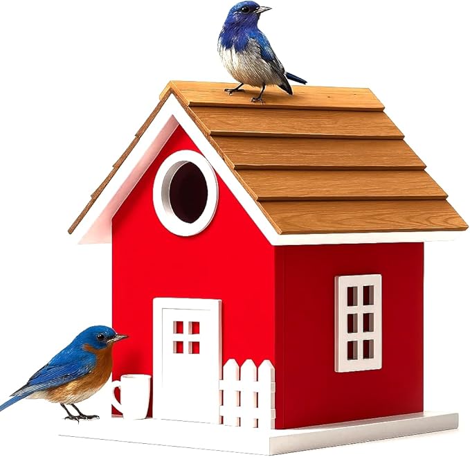 Vinyl Water Proof Bird House for Outside, Shingle Roof Bluebird House Nesting Box, Squirrel Proof Hanging Birdhouse, 5 Years Weatherable for Outdoor Decoration,Bird Box for Pole (Red)
