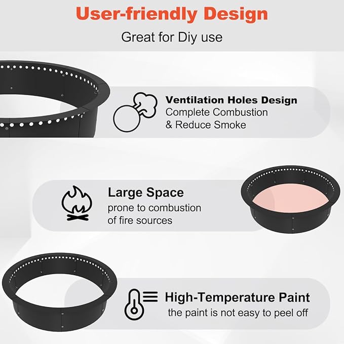 Koutemie Outdoor Smokeless Fire Pit Ring Liner 32-Inch Outer/28-Inch Inner Diameter, Heavy Duty Solid Metal Steel Round Firepit Rim Insert for Outside DIY Campfire Ring Above or In-Ground, Black