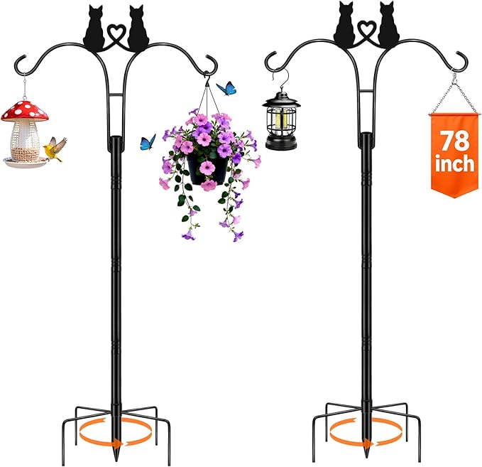 Double Shepherds Hooks for Outdoor, 2 Pack 78 Inch Bird Feeder Pole with 5 Prongs Base, Adjustable Heavy Duty Plant Hangers Cat Art for Outdoor Plants Hummingbird Feeder Hanging Basket Lantern